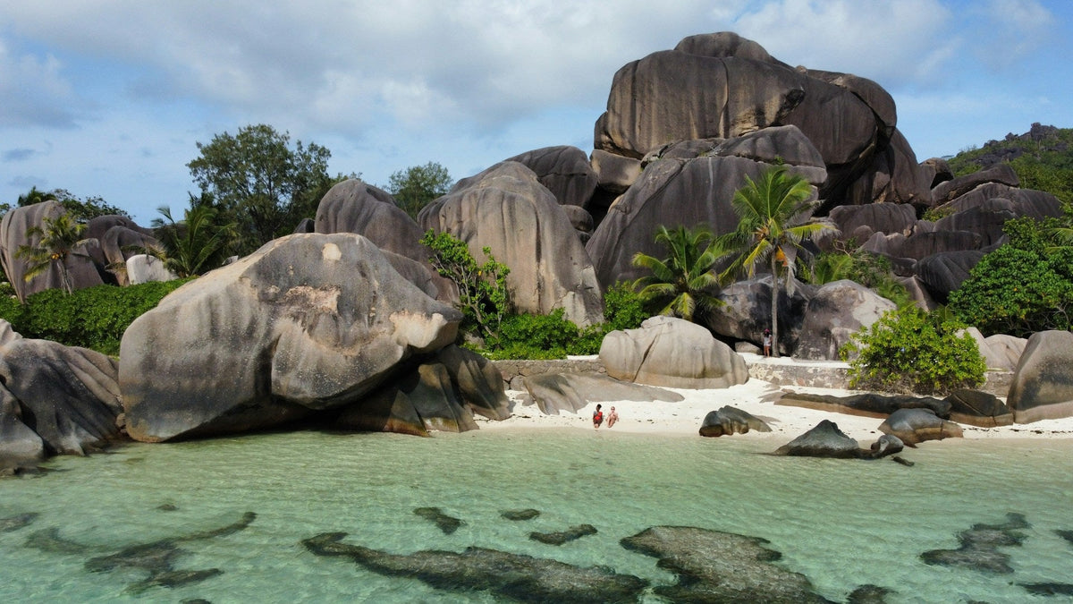 Aerial view of one of the top 10 best beaches in the world with clear turquoise water, soft white sand, and lush tropical greenery