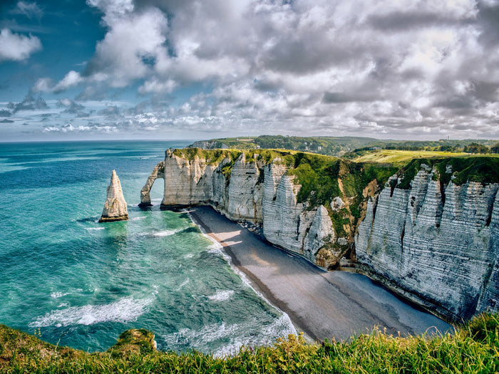Aerial view of one of the best beaches in Northern France with cliffs and turquoise water