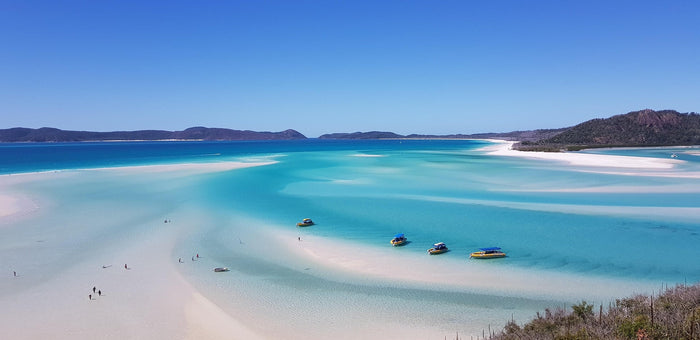 Aerial view of a top beach in Australia with white sand, turquoise waters, and rugged coastline