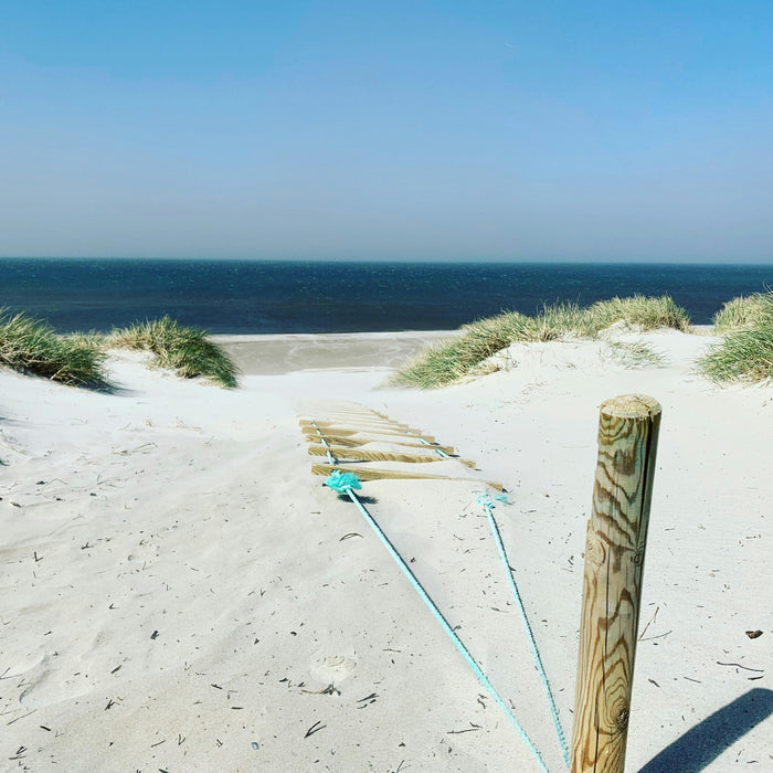 Aerial view of one of the top10 beaches in Denmark with clear turquoise water, white sand, and surrounding coastal dunes